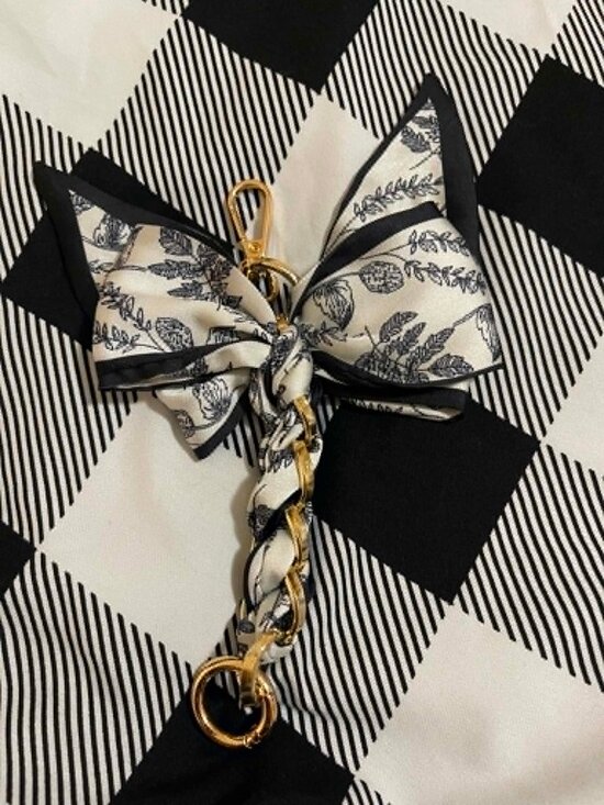Accessories - Scarf Bow Bag Charm Keychain Black White Botanical Print Gold Hardware